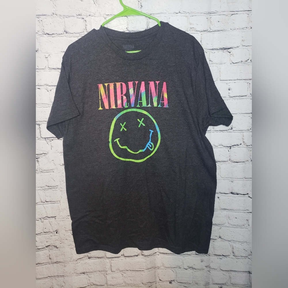 NIRVANA Neon Tie Dye Smiley Face - Grey/Black T-Shirt